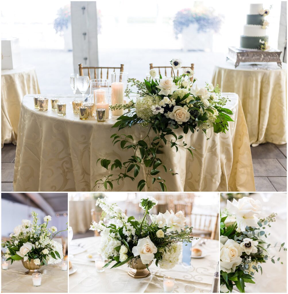wedding reception details with white, ivory, and green florals 