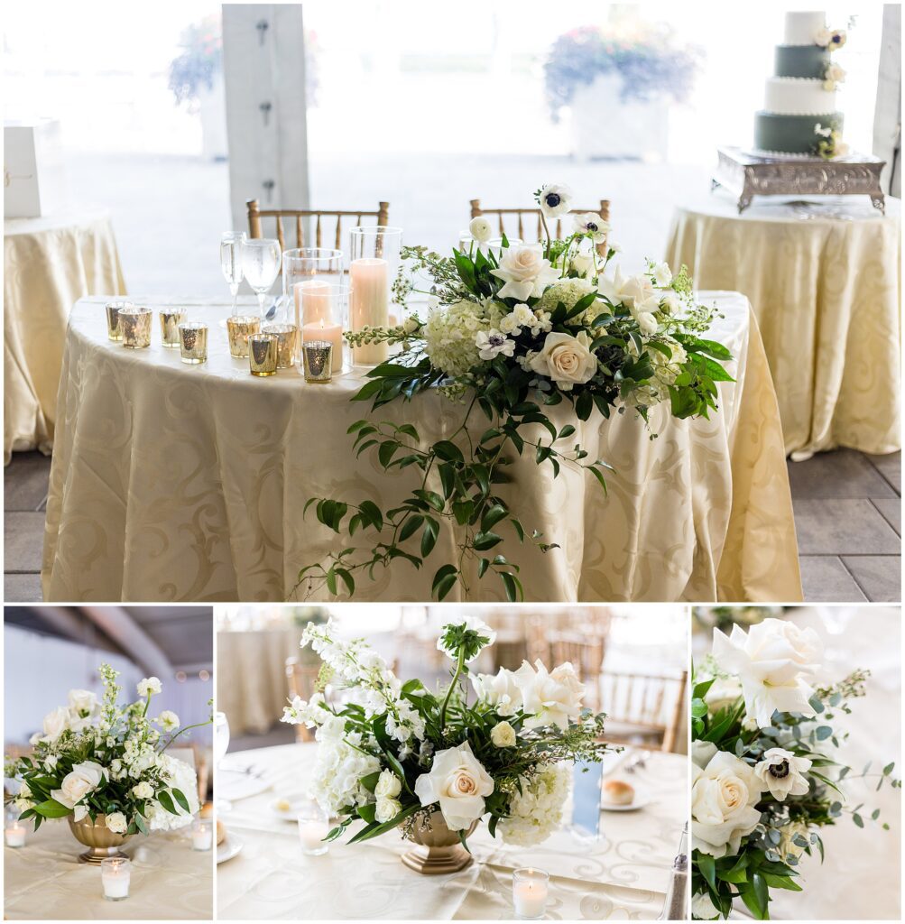 wedding reception details with white, ivory, and green florals