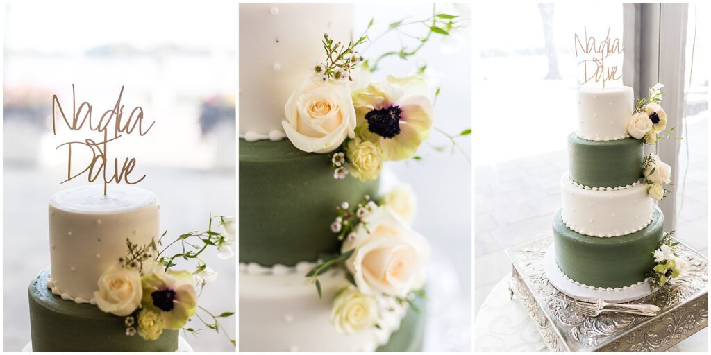 White and green wedding cake and cake details