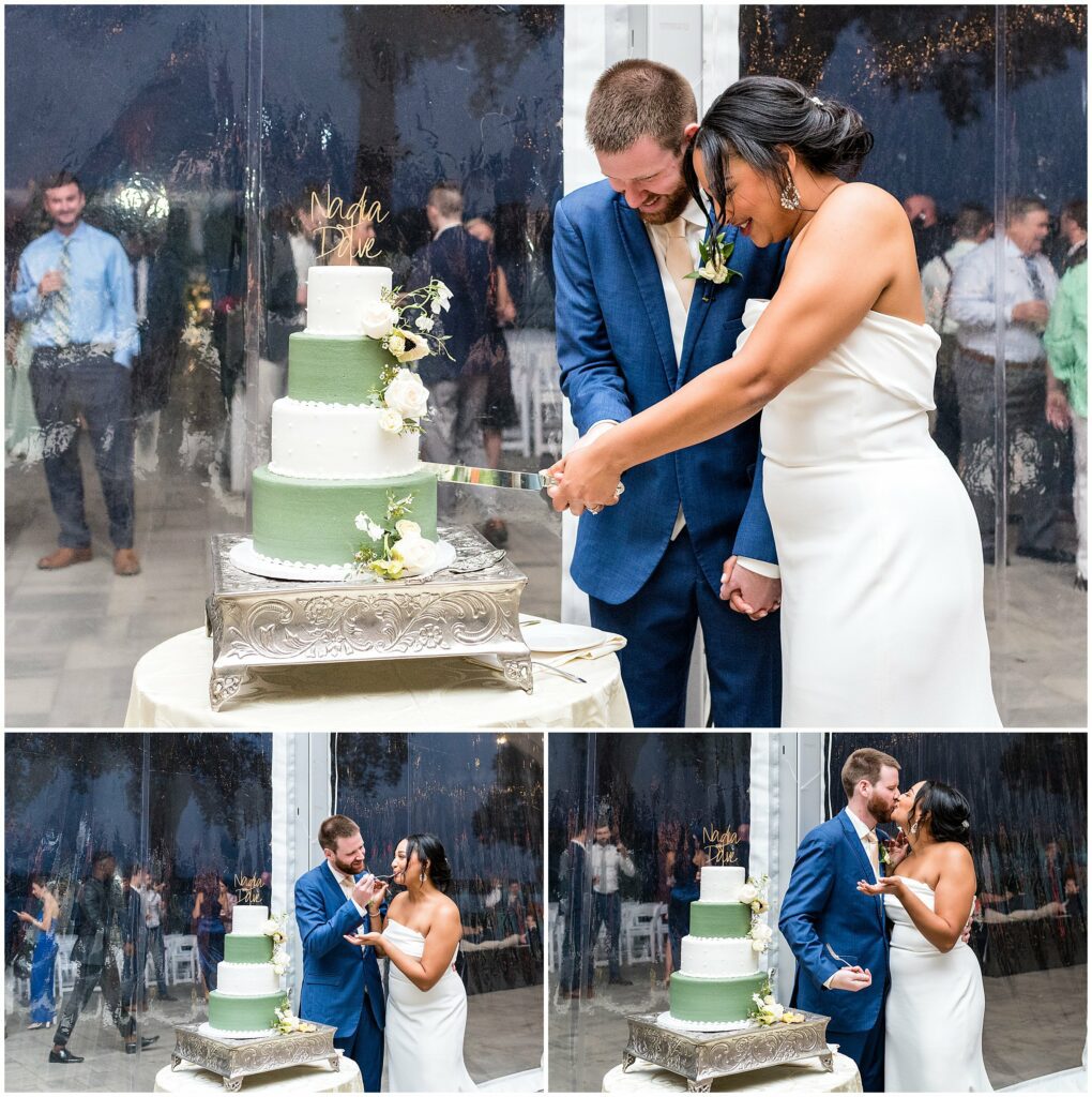 Bride and groom cut their green and white wedding cake together
