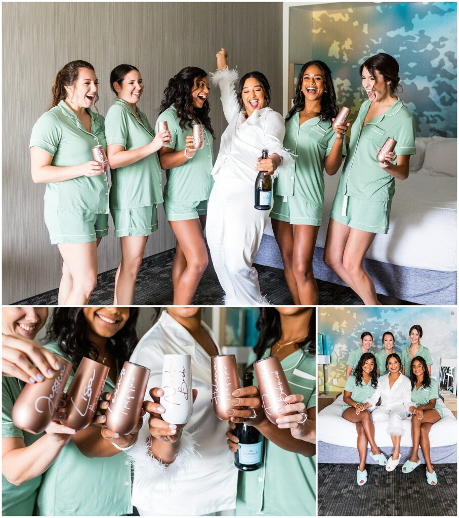 bride and wedding party pop open champagne, hold custom glasses, and smile for camera
