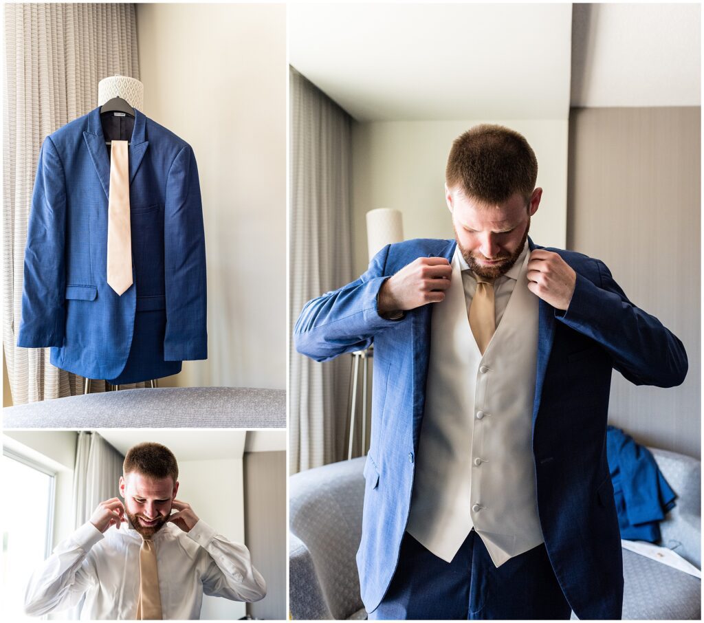 groom's navy suit hangs alongside image of groom adjusting tie and adjusting suit jacket