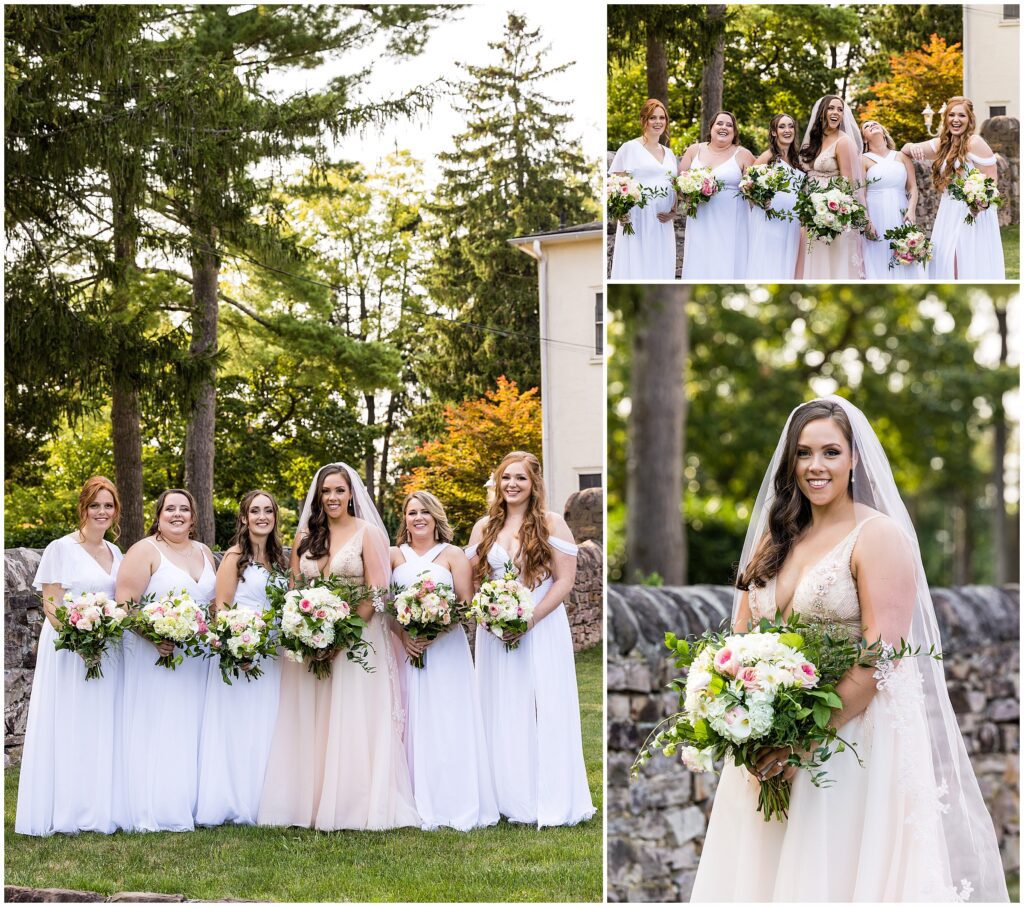 Bride's wedding party and their bouquets