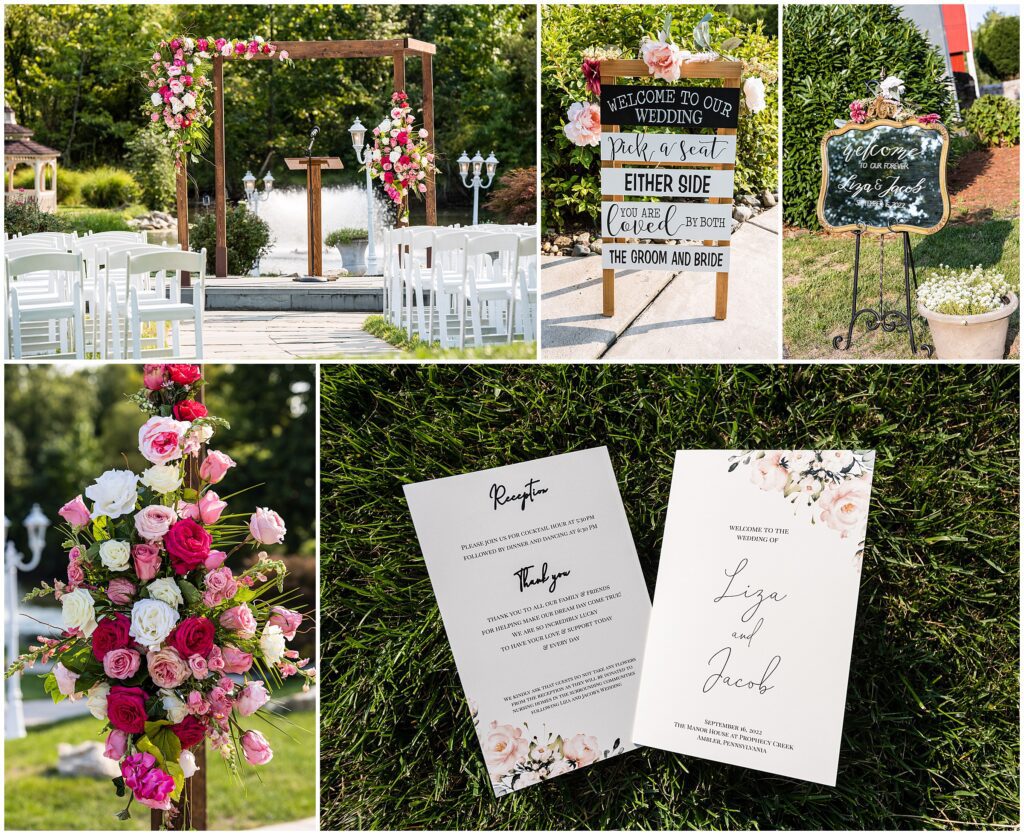 Wedding Ceremony details including pink florals on chuppah, signs, and ceremony programs