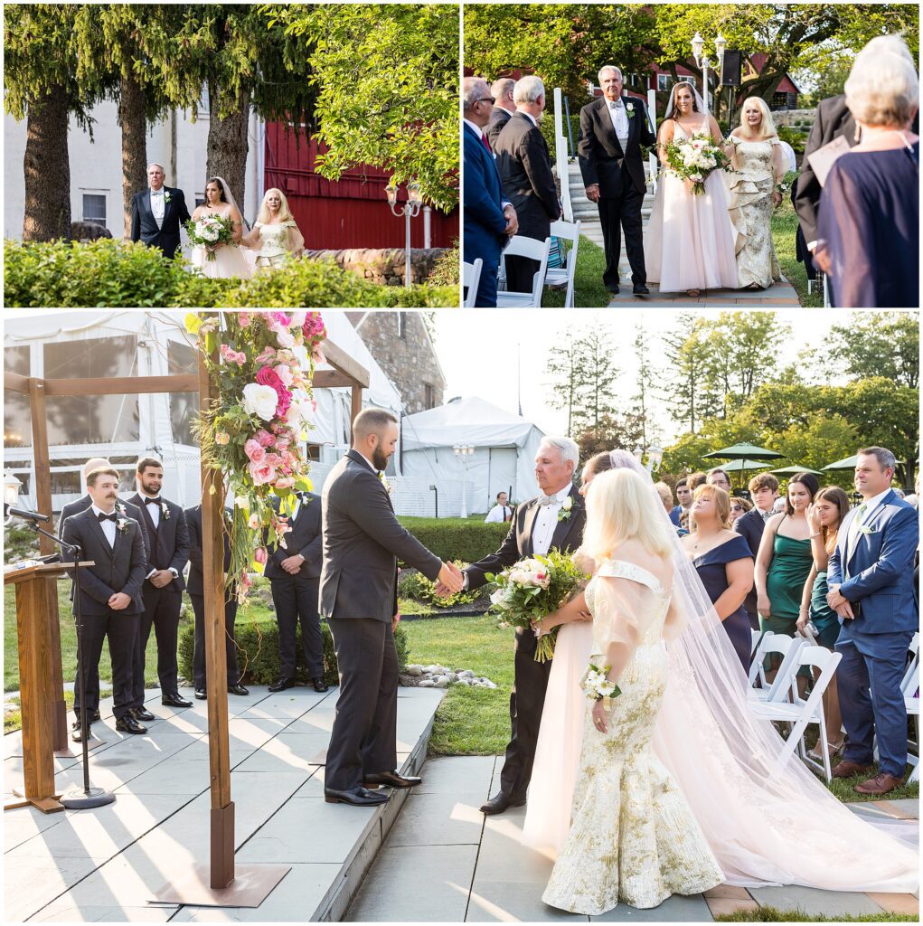 Bride's parents escort her down the aisle