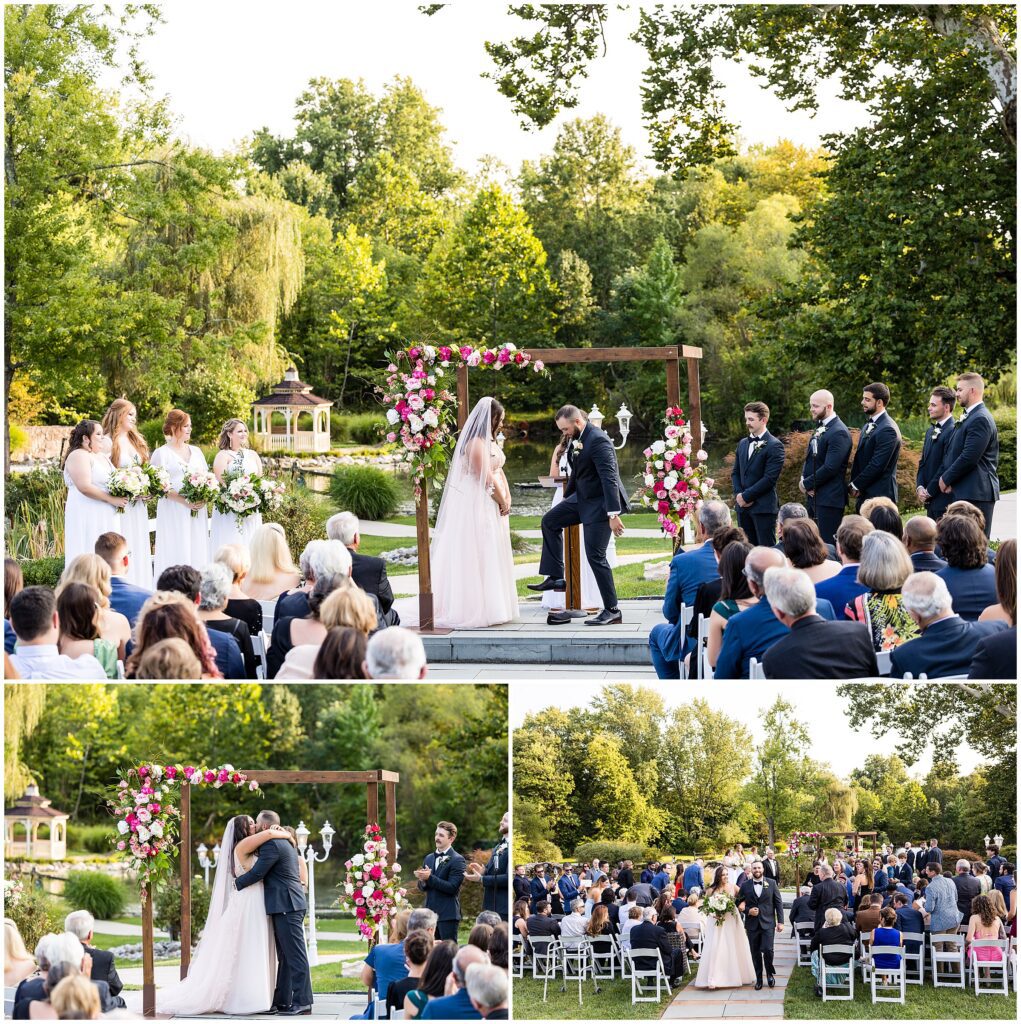 Groom breaks glass, couple shares their first kiss, and bride and groom leave wedding ceremony