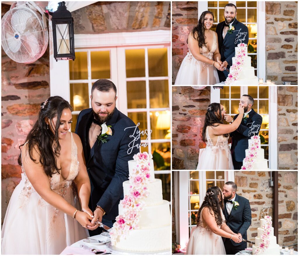 Couple cuts their 4-tier white and floral wedding cake
