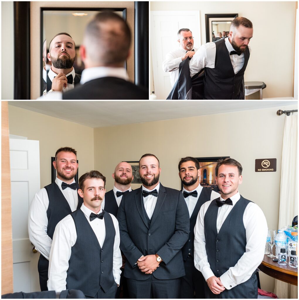 Groom adjusts bowtie, puts on jacket, and poses with wedding party
