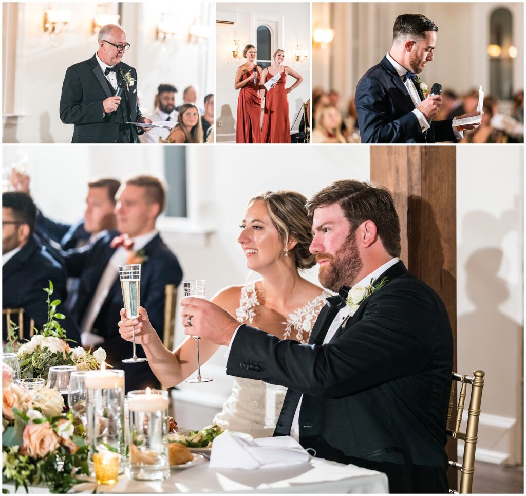Couple raises a glass to toasts during their Loch Aerie Mansion wedding reception