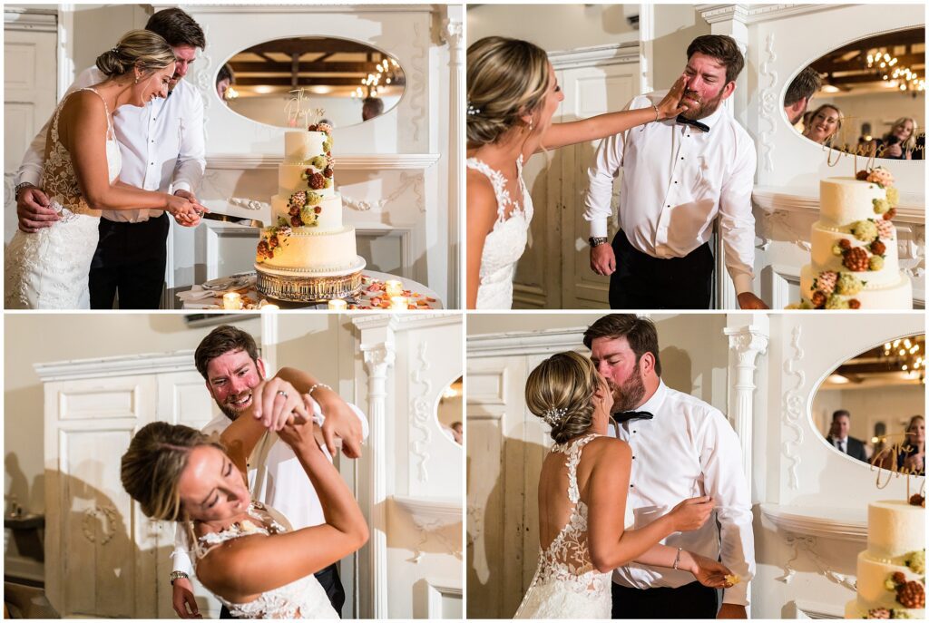 Couple cuts cake and playfully shares a slice of cake