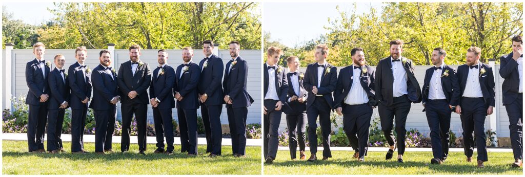 groom and his wedding party, all in black tuxes with bow ties and white boutonnieres