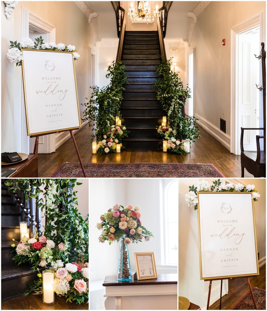 wedding signs and floral details and candles at Loch Aerie Mansion