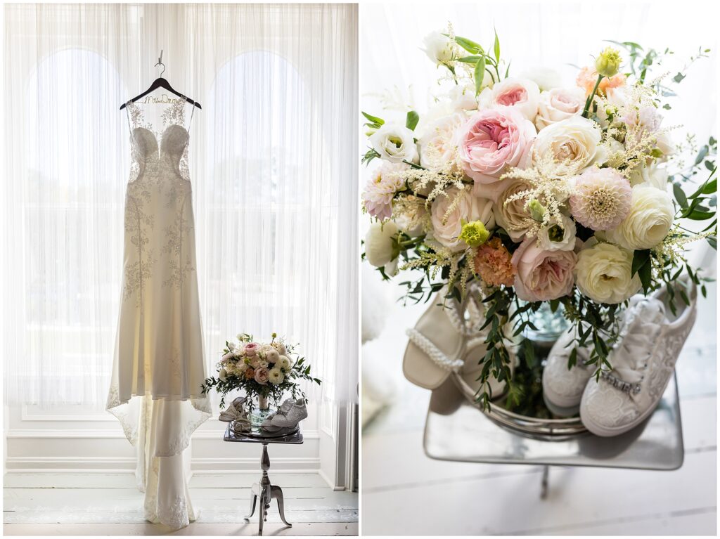 Bride's wedding dress, and neutral, pink, and blush wedding bouquet