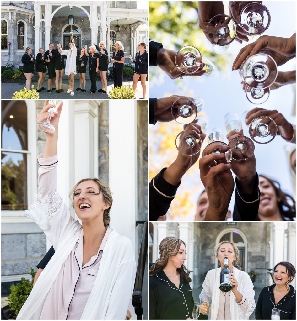 bride and her wedding party celebrate with champagne while getting ready for Loch Aerie Mansion wedding | Ashley Gerrity Photography