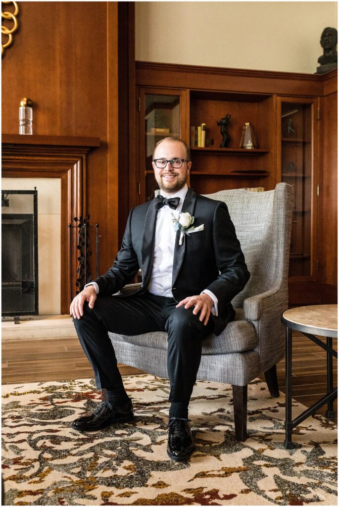 Groom in black tux and bow tie before his Penn Museum Wedding |