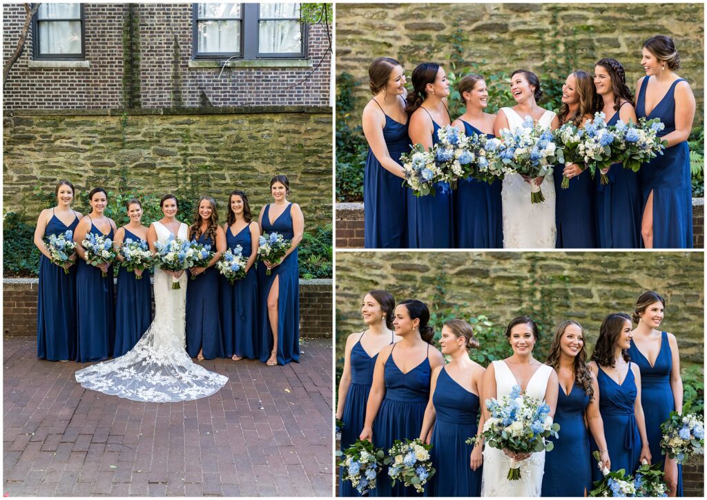 Bride with wedding party in blue dresses with blue and white bouquets