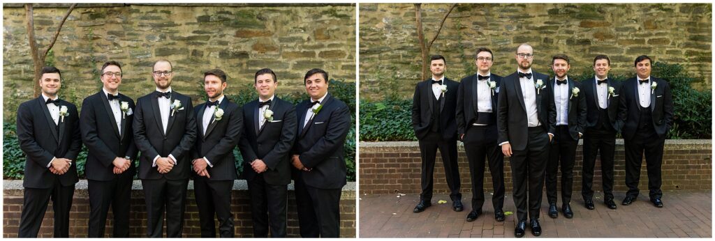 Groom and wedding party in tuxes, black bow ties, and white boutonnieres