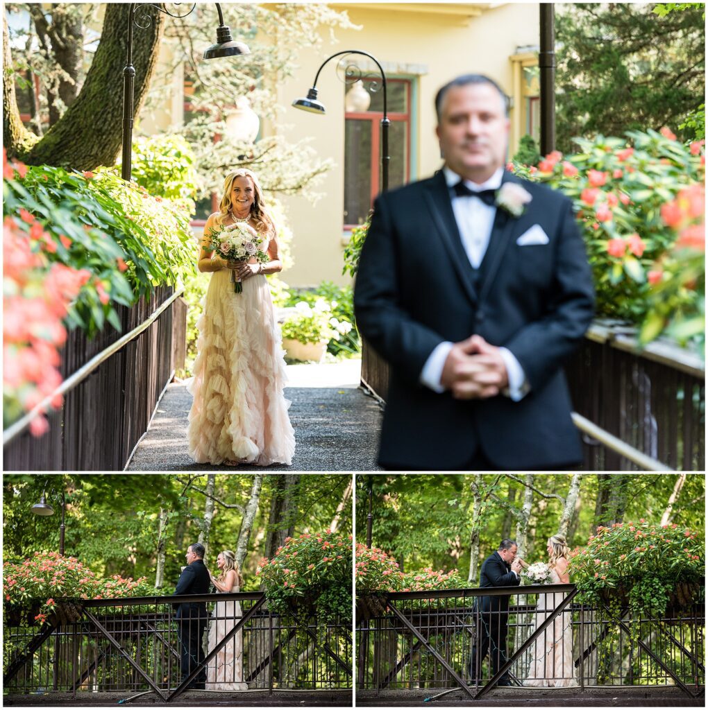 Bride approaches Groom for first look on the bridge at Pomme Radnor