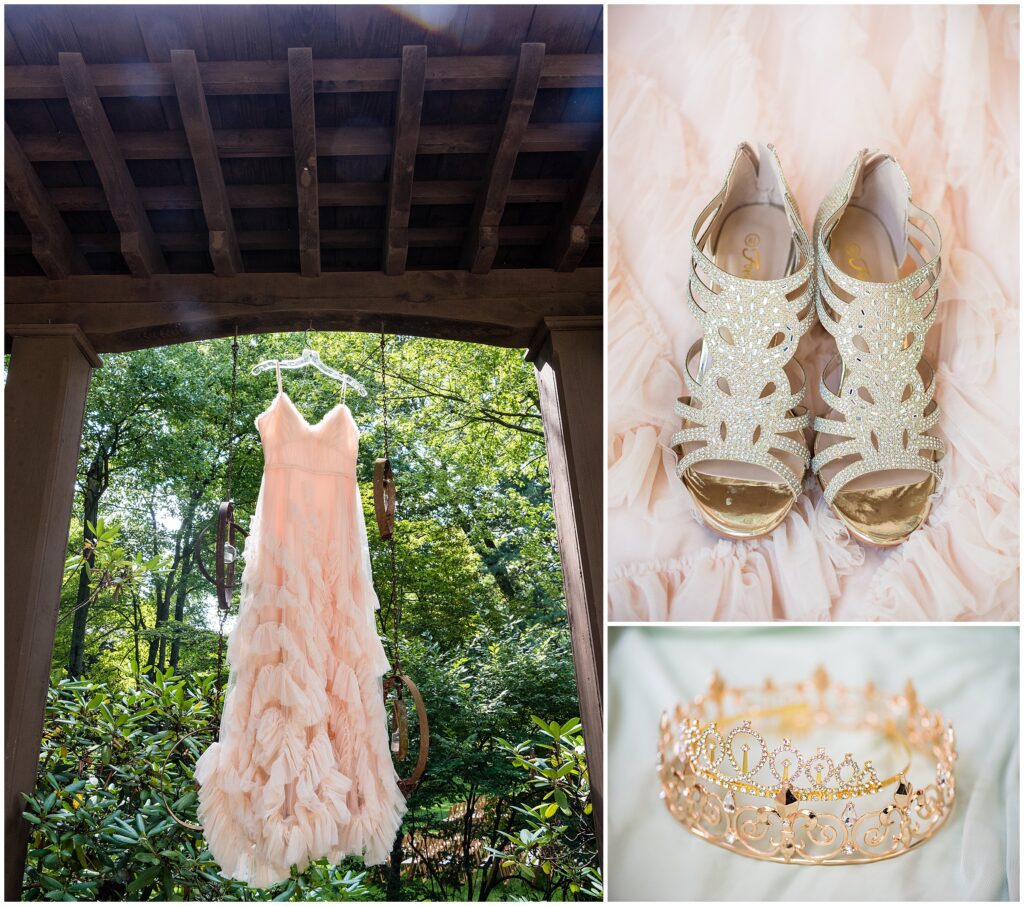 Pale Pink Ruffled Wedding Dress; shiny gold wedding shoes; and gold crowns as a nod to the couple being each other's prom dates