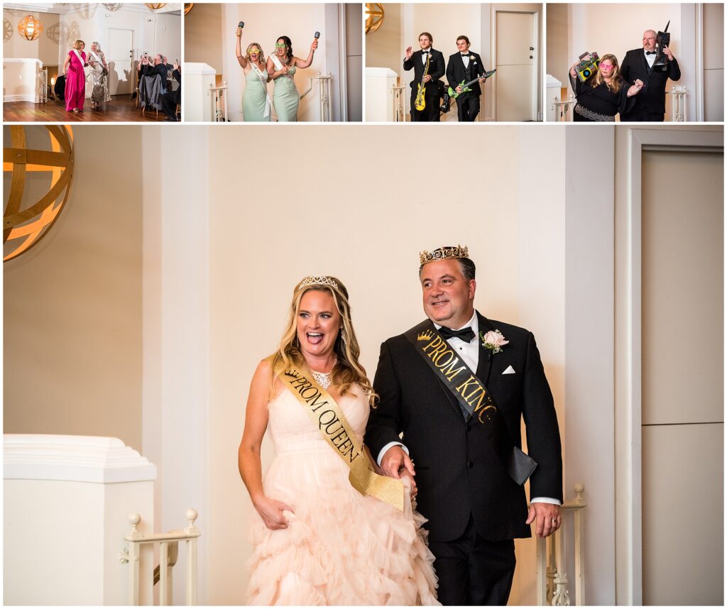 Wedding Party and Newlyweds enter wedding reception with prom theme