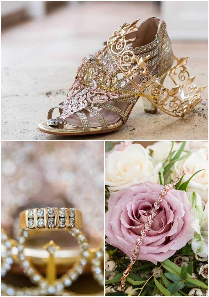 Bridal details - including shoes, jewelry, rings, and bracelet with flowers