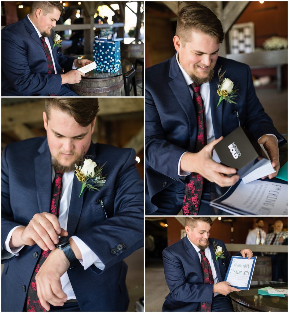 Groom opens his wedding day gift from Bride