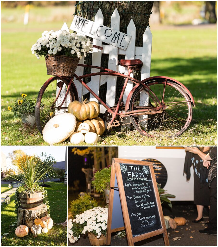 Fall wedding details including pumpkins and a bike