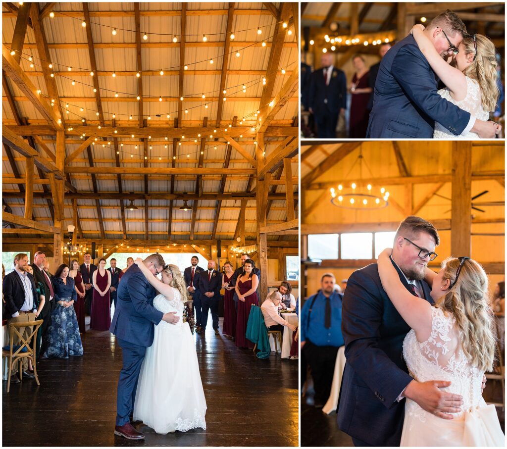Bride and groom share their first dance under twinkle lights at The Farm Bakery & Events