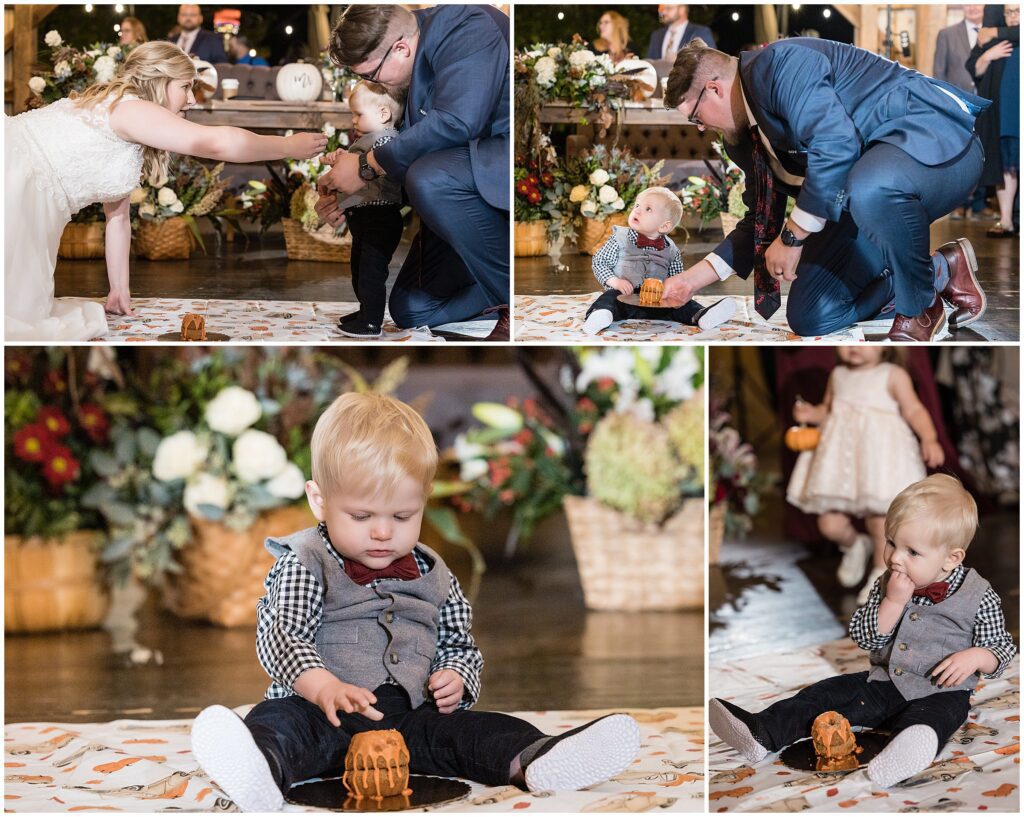 A Pumpkin Mini-Bundt Cake was brought out as a smash cake for the couple's son's first birthday
