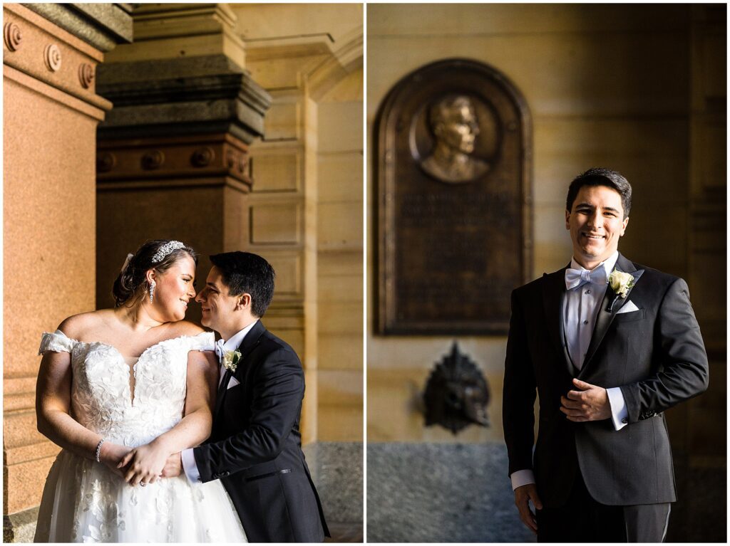 left: Bride and Groom embrace and smile; right: Groom smiles before their wedding ceremony
