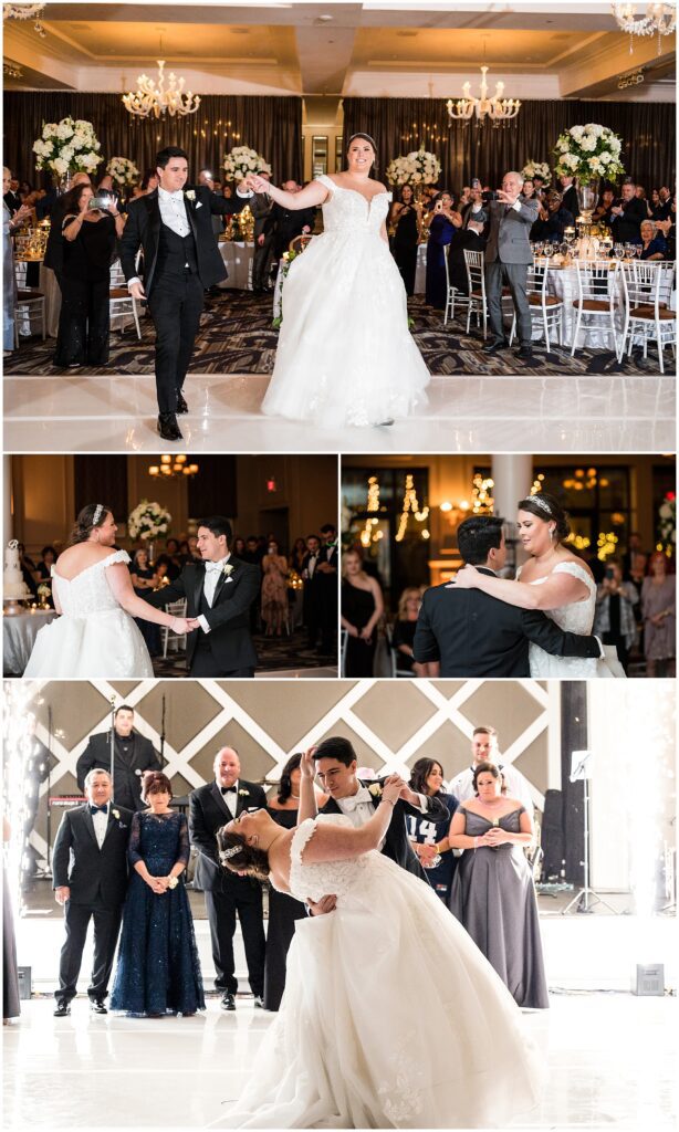 Couple shares their first dance along with a dip at their Vie Cescaphe wedding reception