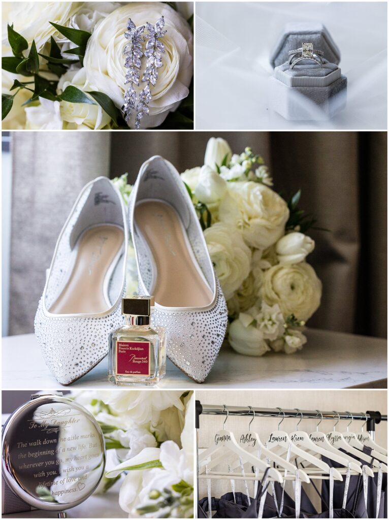 Top left: earrings on top of florals; top right: Wedding bands in velvet ring box; middle: wedding shoes, bridal bouquet, and perfume; lower left: engraved mirror; lower right: customized hangers for wedding party dresses