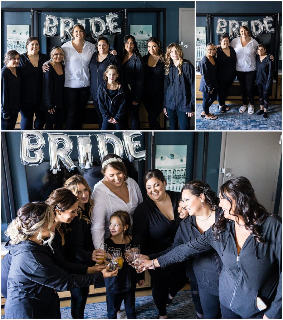 Wedding party celebrates with Bride as they get ready for the wedding