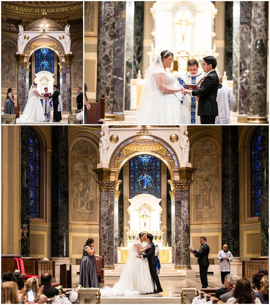 Bride and Groom exchange vows, rings, and share their first kiss during wedding ceremony at Cathedral Basilica of Saints Peter and Paul