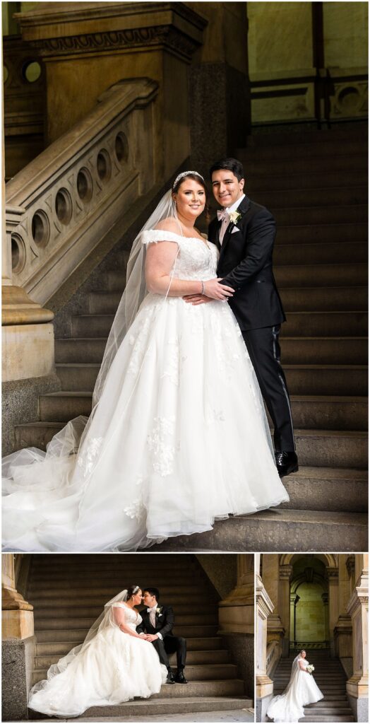 Bride and Groom portraits with dramatic lighting on marble stairs at Philadelphia's City Hall