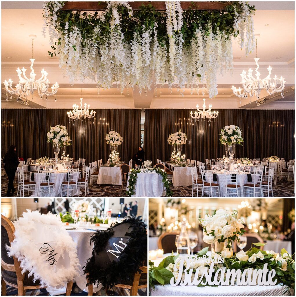 Vie Cescaphe Wedding Reception with hanging white floral installation, white chairs, and tall white florals on tables 
