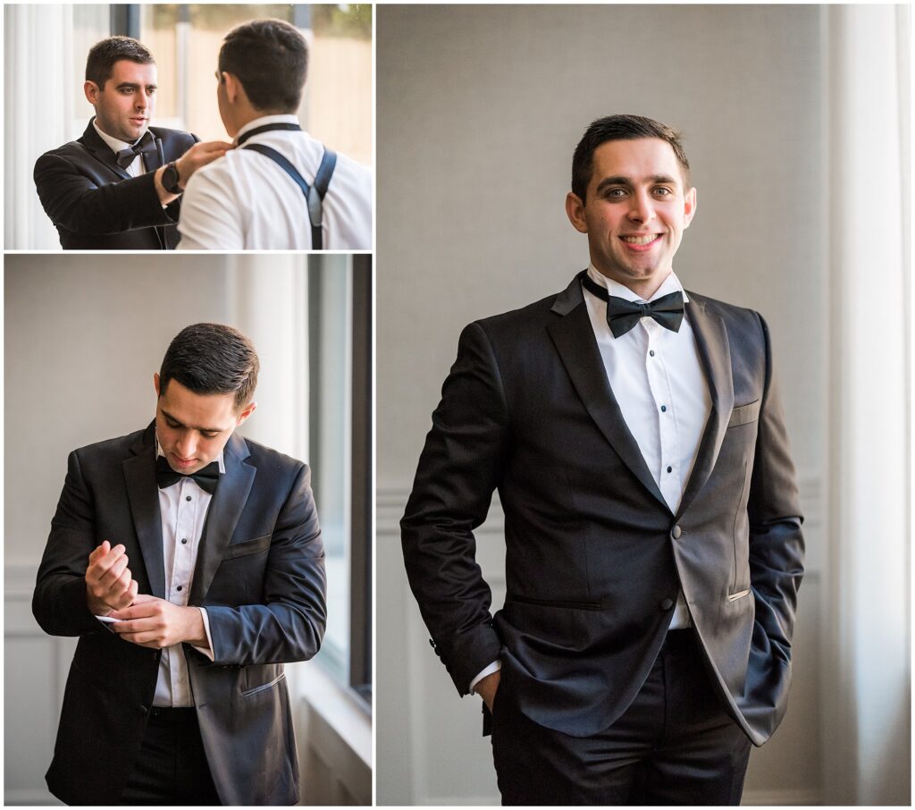 portrait of groom's final touches while getting dress