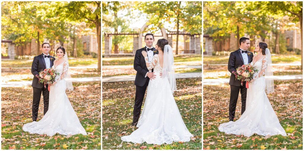 portrait of newlyweds on the grounds near Villanova Chapel in the fall