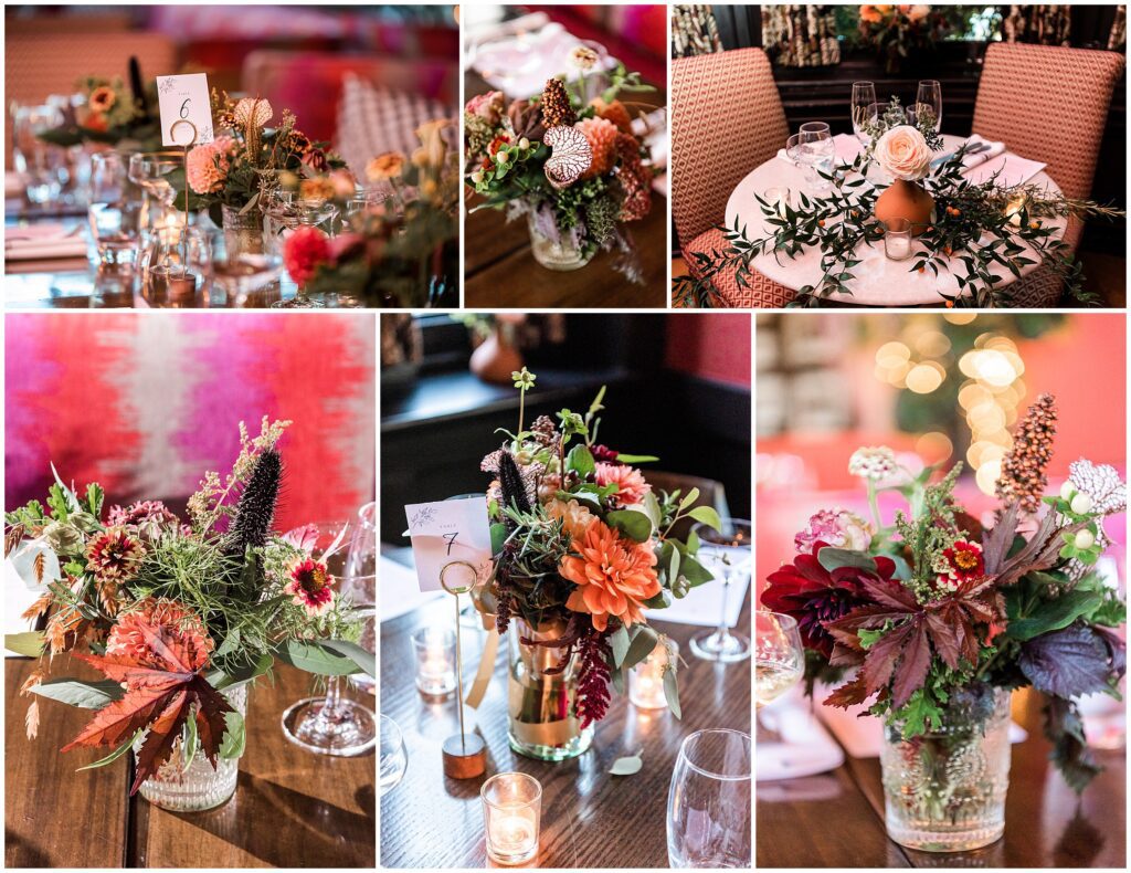 Fall wedding reception details and centerpieces with florals in oranges, pinks, reds