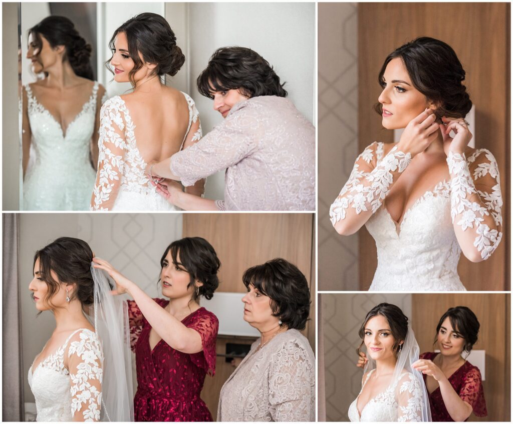 button on low scoop back wedding dress with sheer sleeves and embroidery details