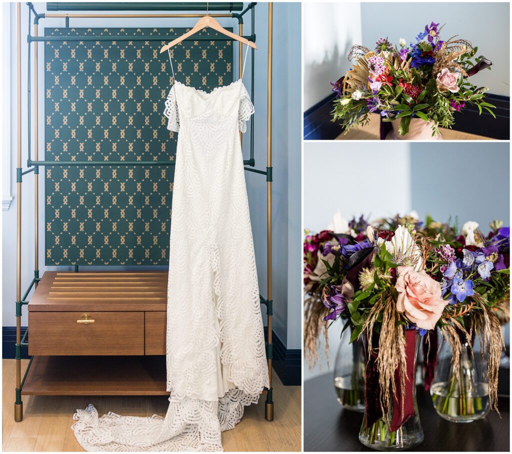 lace wedding dress; fall bouquets with jewel-toned flowers rest in vases