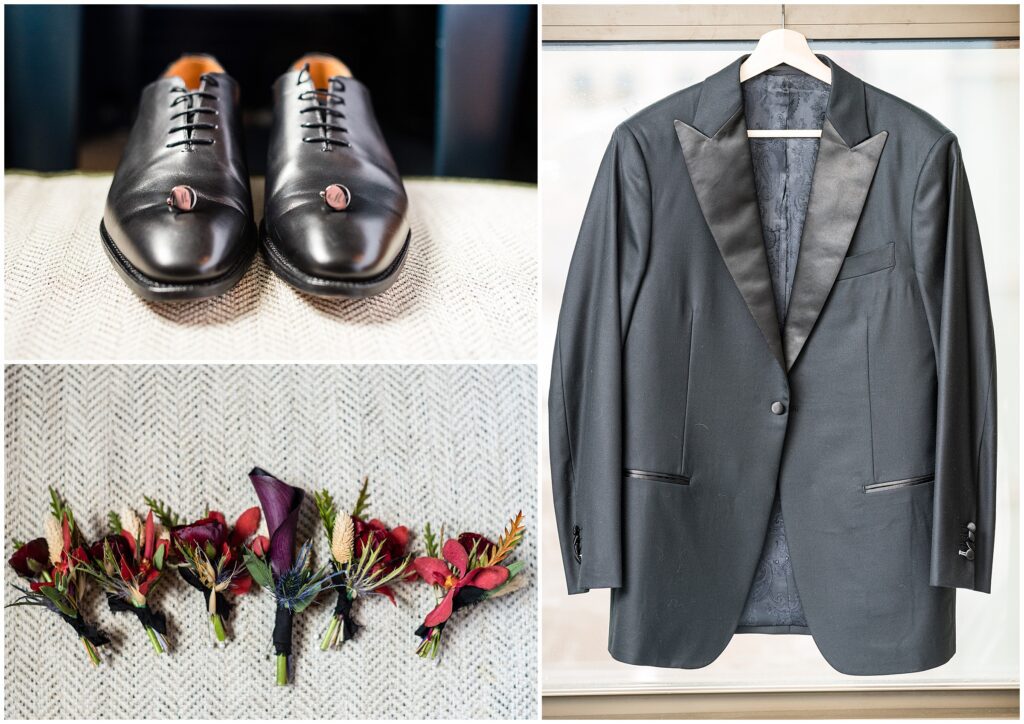black suit and groom details; deep jewel-toned boutonnieres for fall wedding