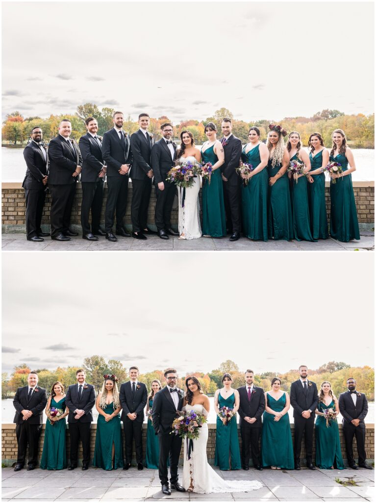 Groom and Bride with their wedding party in deep teal gowns or black tuxes