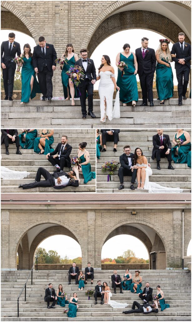 Portraits of wedding party walking or lounging on stairs