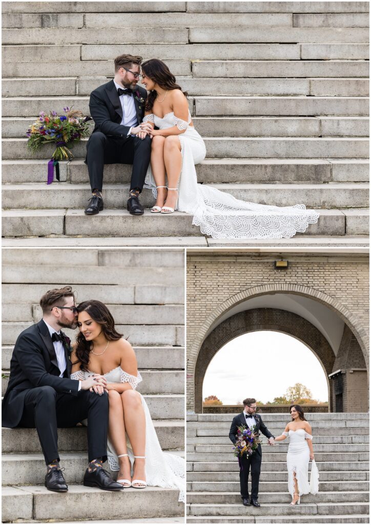 Portraits of Bride and Groom on stairs