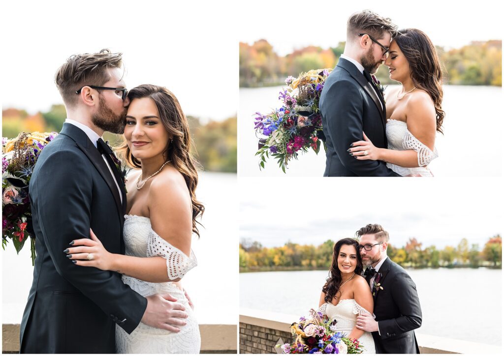 Bride and Groom portraits near water for fall wedding with jewel-toned bridal bouquet