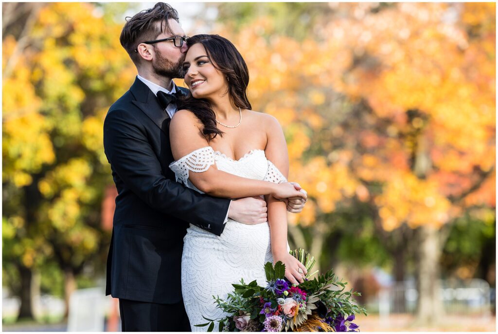 portrait of couple on their fall wedding day
