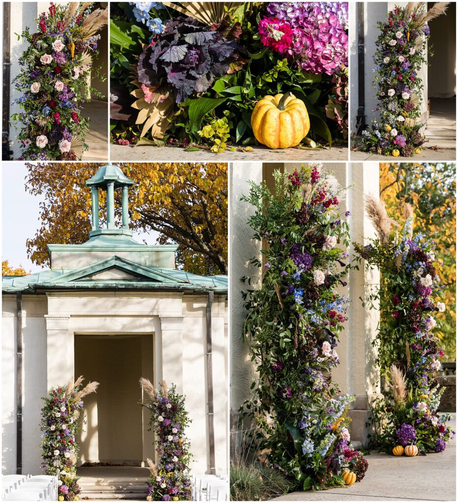dramatic jewel-toned florals and floral arches for fall wedding by Myrtle & Magnolia