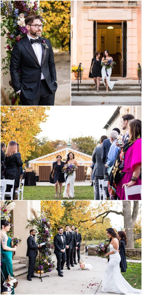 Bride enters her wedding escorted by her mom, and greeted by her Groom and their dogs