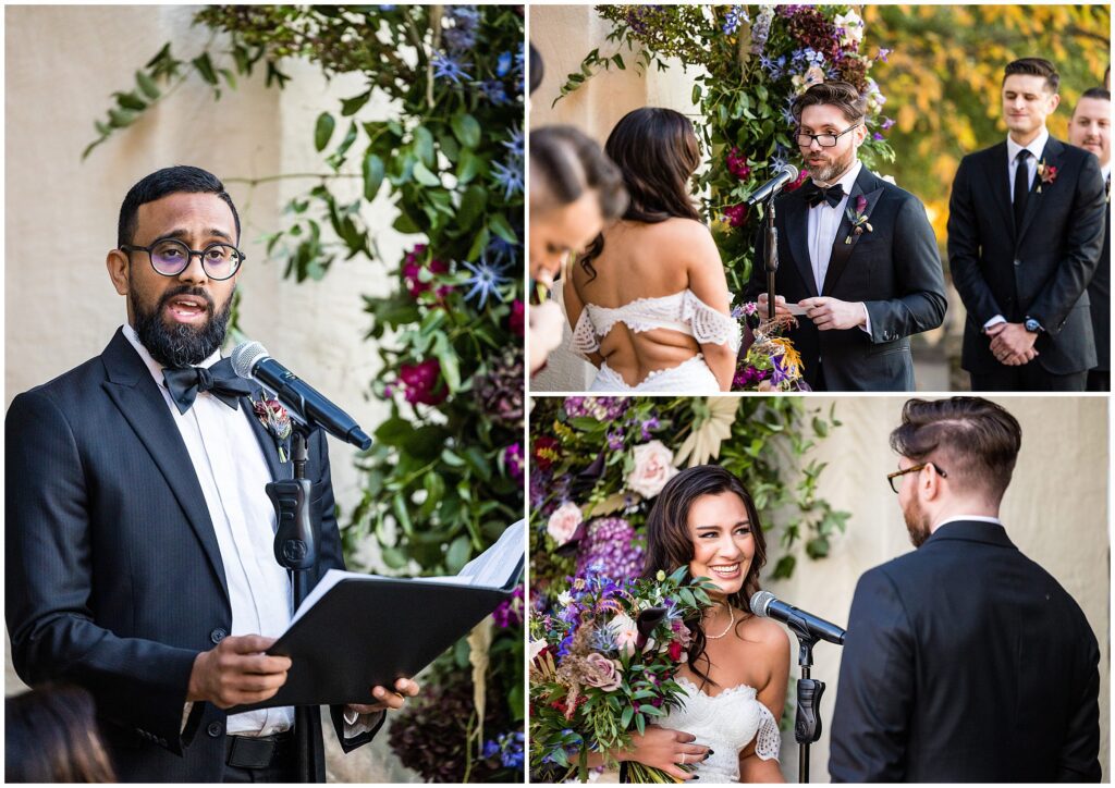 couple exchanges vows during wedding ceremony at American Swedish History Museum